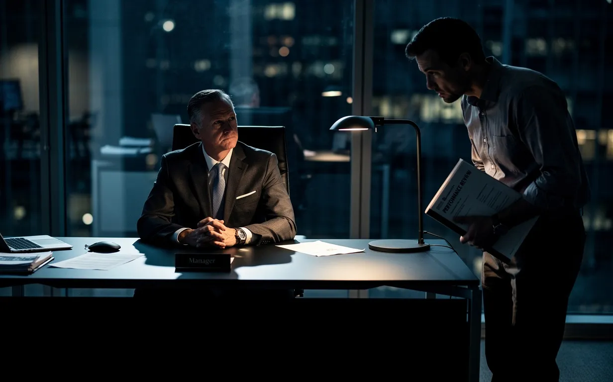 Un manager assis derrière un bureau moderne observe un employé inquiet dans une ambiance sombre et tendue.