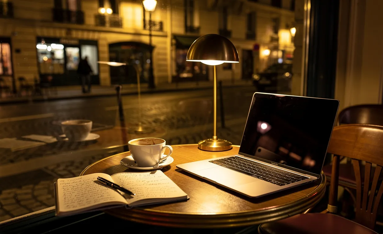 Un ordinateur portable posé sur une table de café près d’une fenêtre, avec un carnet, une tasse de café et une vue nocturne sur des rues parisiennes éclairées.