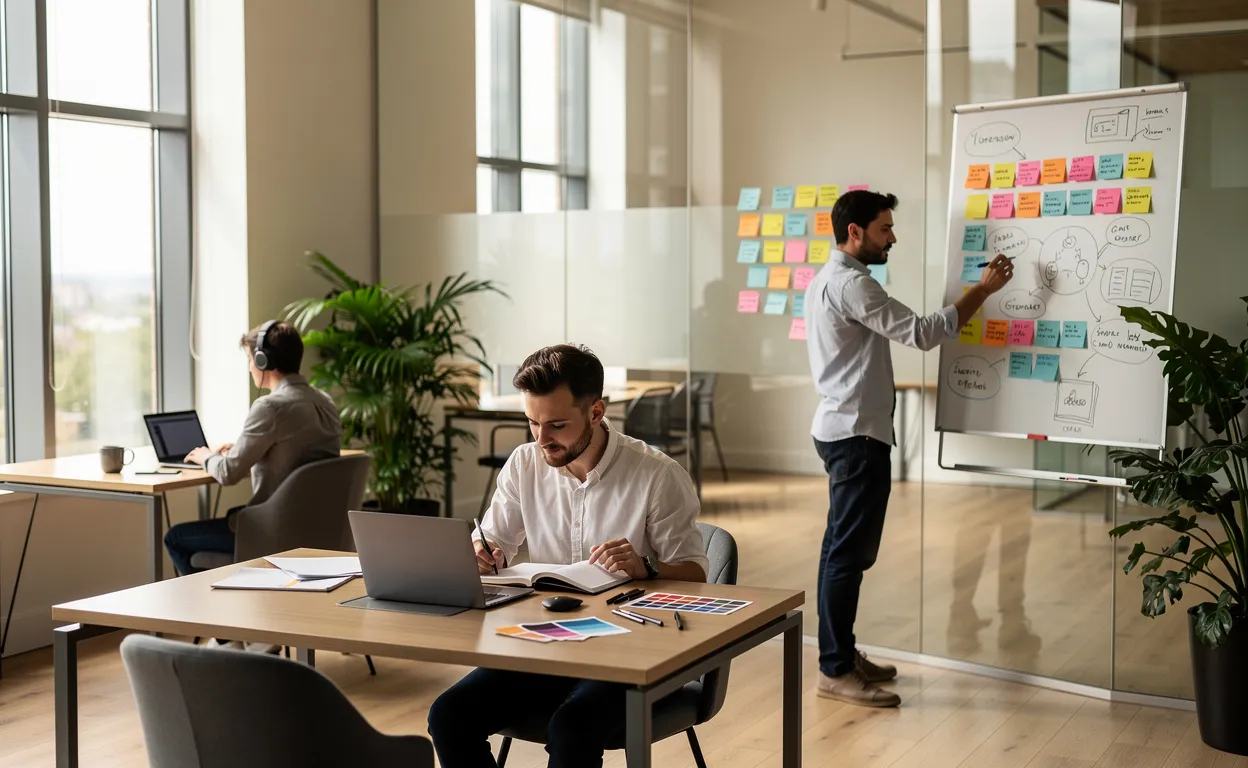 Espace de coworking moderne avec plusieurs professionnels travaillant à des activités variées sous une lumière naturelle.