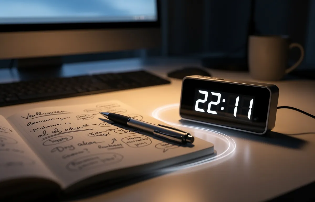 Un bureau avec une horloge digitale indiquant 22:11, un carnet rempli de notes et une aura lumineuse reliant discrètement les objets, éclairé par une lumière du soir.
