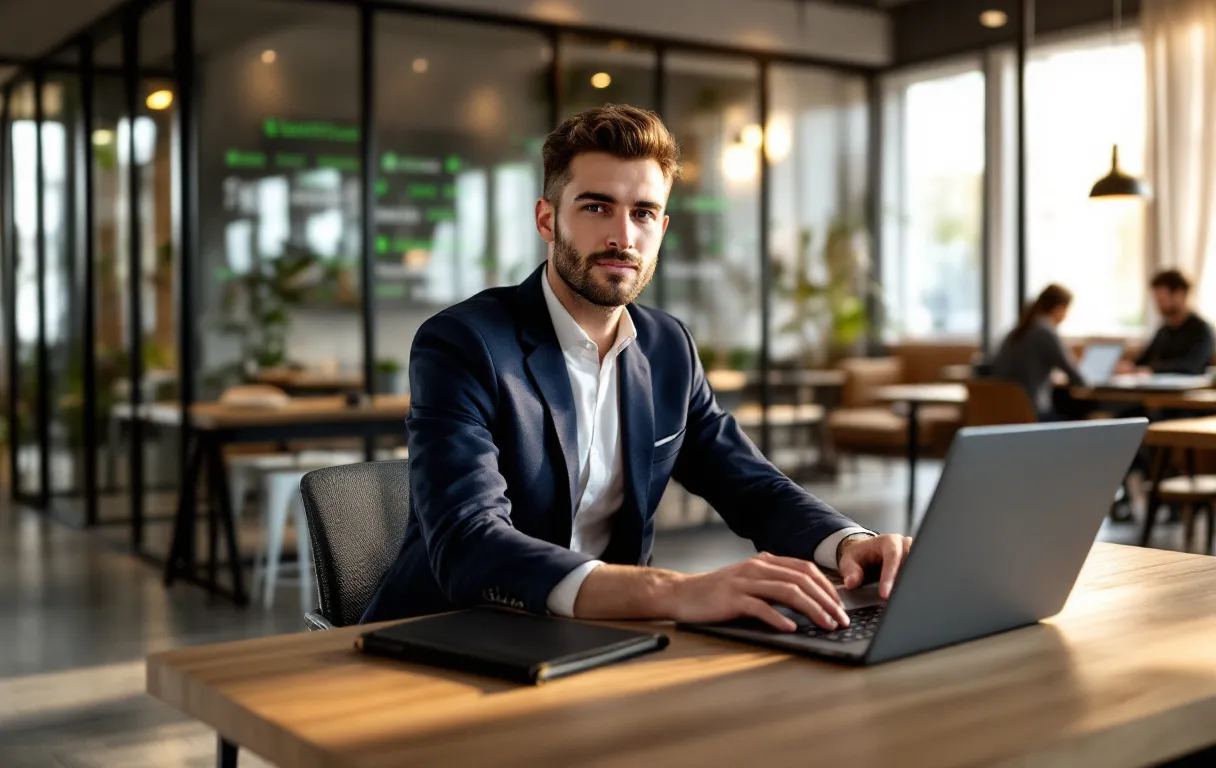 Un jeune entrepreneur français travaille sur un ordinateur portable dans un espace de coworking moderne baigné de lumière matinale, entouré d’éléments verts de marque et de dispositifs technologiques innovants.
