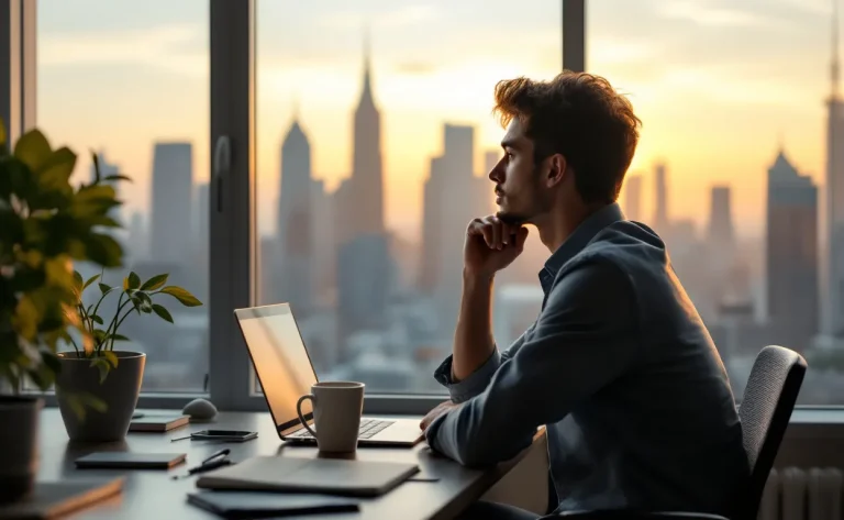 Un jeune entrepreneur solitaire assis à un bureau ordonné regarde par une grande fenêtre un lever de soleil sur la ville, baigné d’une lumière dorée matinale.